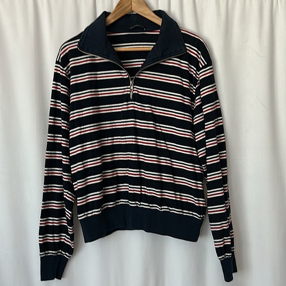 Brandy Melville Tops - Brandy Melville Navy Blue Striped Zip Up Long Sleeve Shirt Top **Oversized**